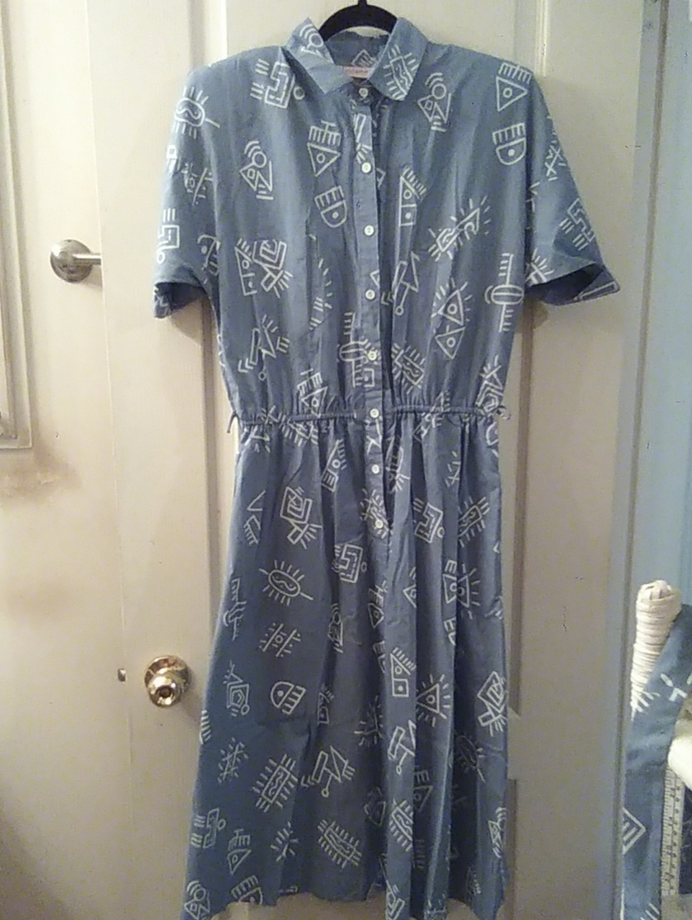 Blue Button-Up Shirt Dress with White Tribal Print